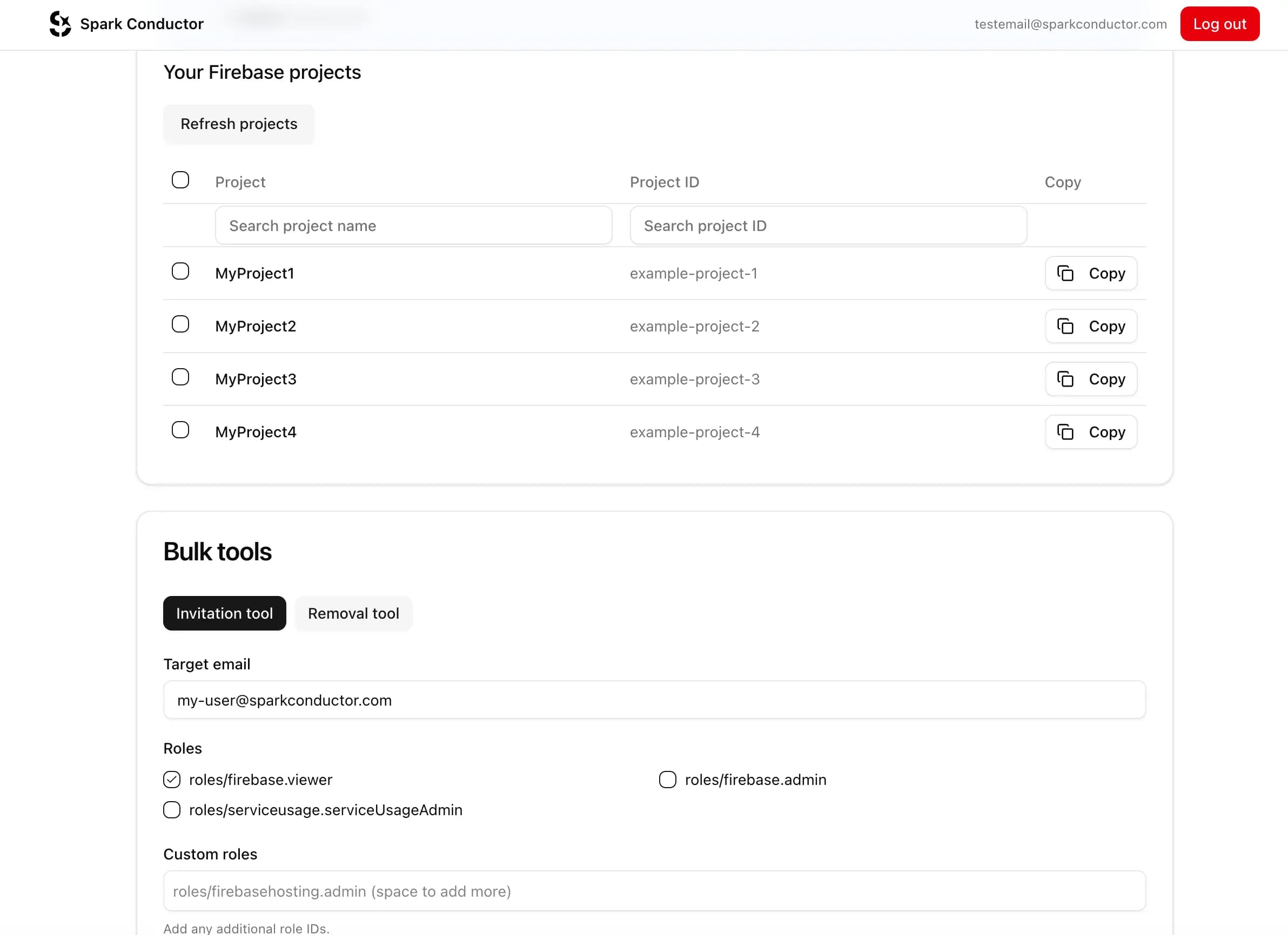 SparkConductor dashboard showing project selection