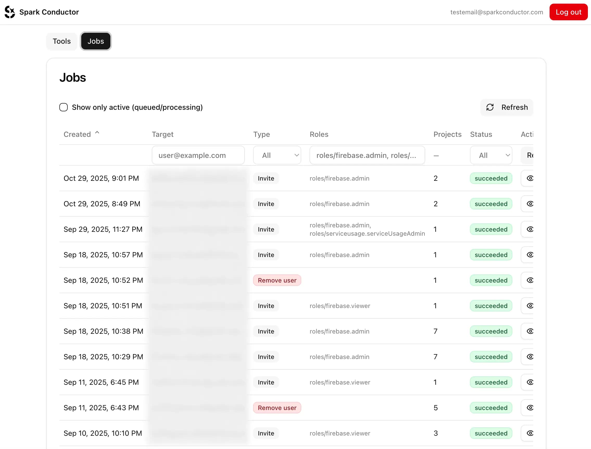 SparkConductor job details with per-project status updates